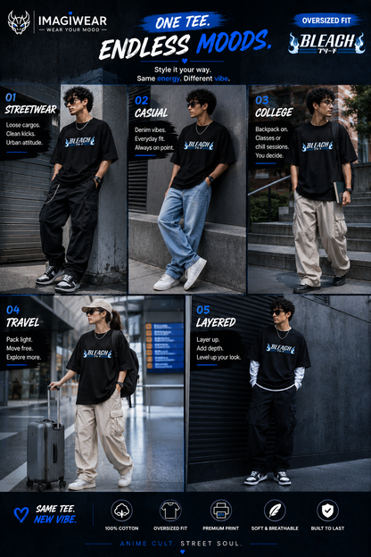 Bleach Blue Flame Logo Oversized T-Shirt – Unisex 240 GSM