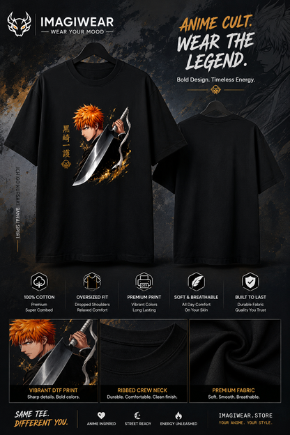 Ichigo Kurosaki Zangetsu Oversized T-Shirt – Bleach Anime Unisex 240 GSM