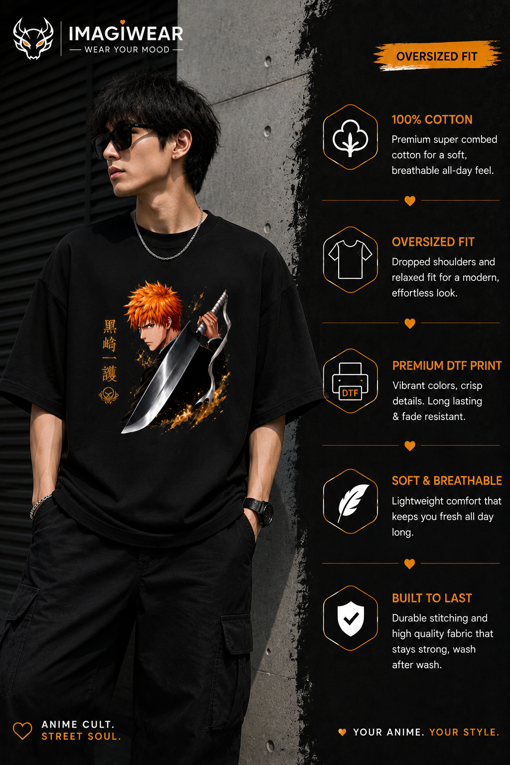 Ichigo Kurosaki Zangetsu Oversized T-Shirt – Bleach Anime Unisex 240 GSM