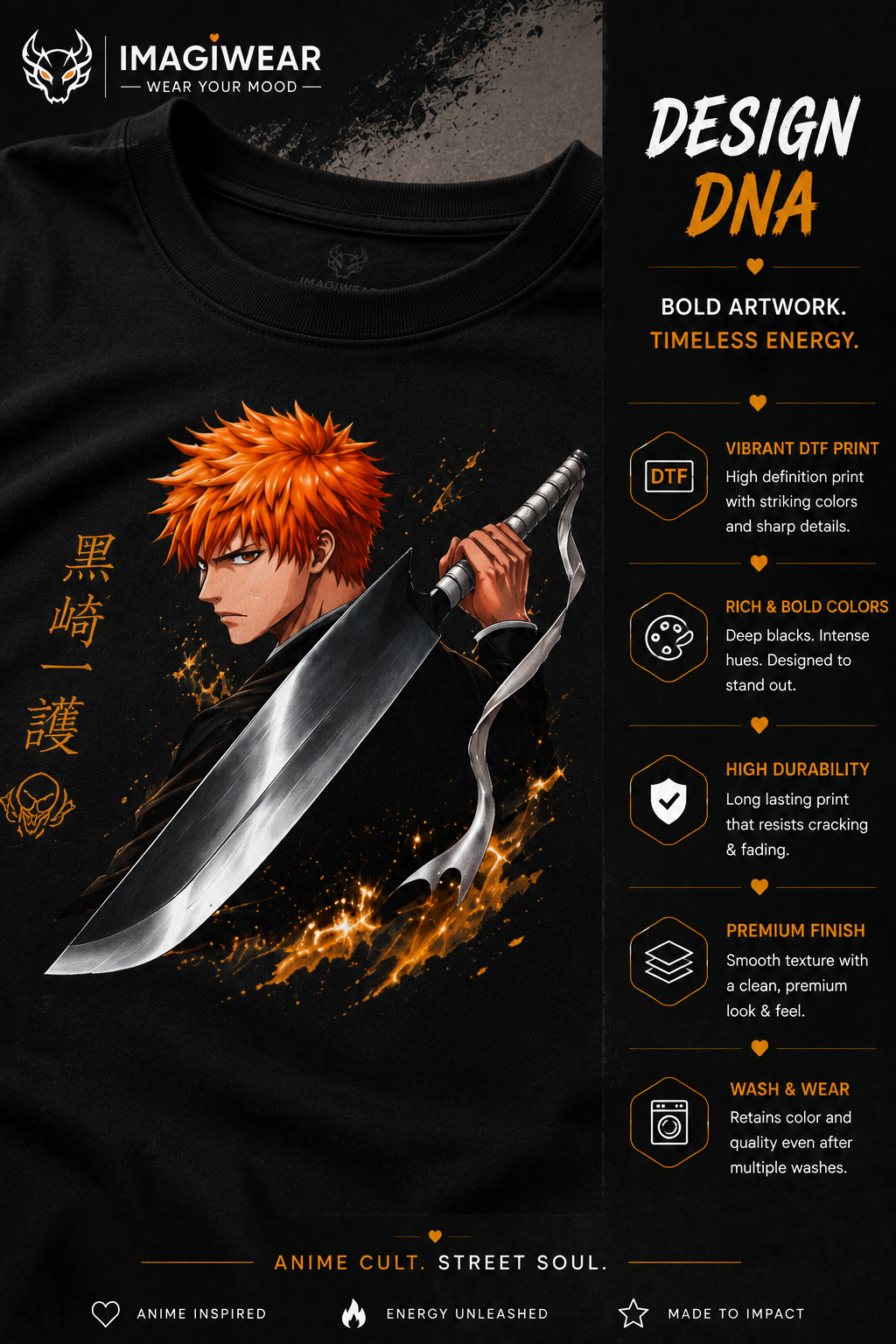 Ichigo Kurosaki Zangetsu Oversized T-Shirt – Bleach Anime Unisex 240 GSM