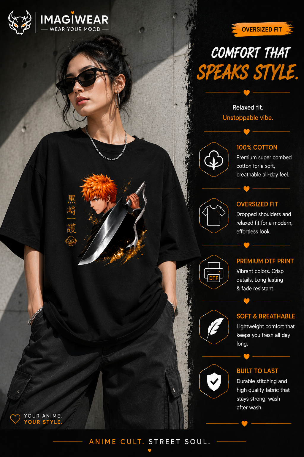 Ichigo Kurosaki Zangetsu Oversized T-Shirt – Bleach Anime Unisex 240 GSM