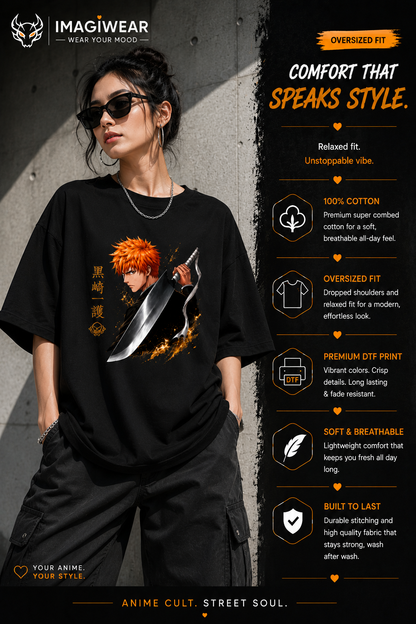 Ichigo Kurosaki Zangetsu Oversized T-Shirt – Bleach Anime Unisex 240 GSM