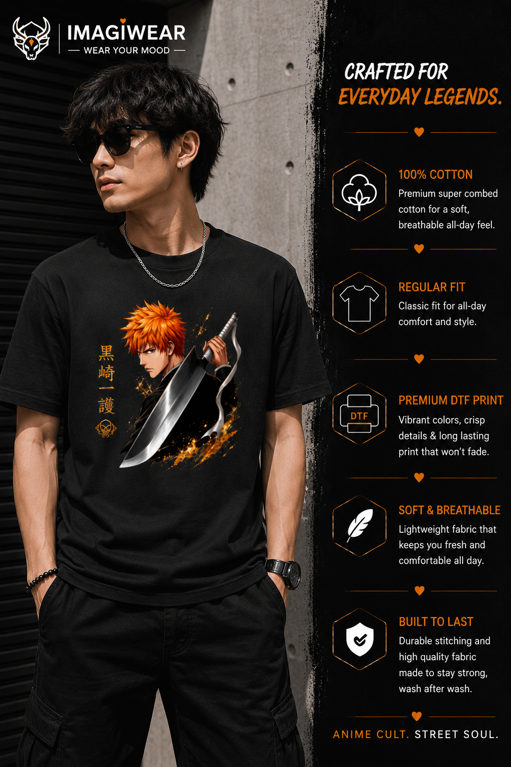 Ichigo Kurosaki Zangetsu Anime T-Shirt – Bleach Unisex Regular Fit 180 GSM