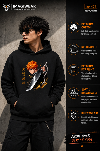 Ichigo Kurosaki Zangetsu Graphic Hoodie – Bleach Anime Unisex Regular Fit 300 GSM