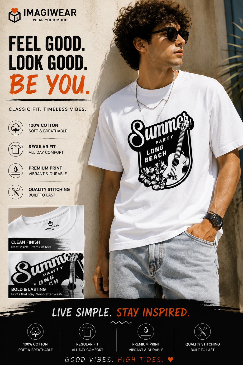 Summer Long Beach Guitar Graphic T-Shirt – Unisex Regular Fit 180 GSM