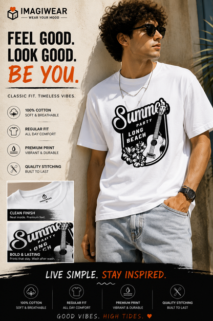 Summer Long Beach Guitar Graphic T-Shirt – Unisex Regular Fit 180 GSM