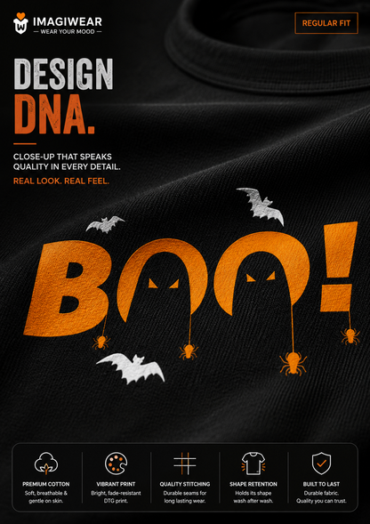 Boo Halloween Graphic T-Shirt – Spooky Bat & Pumpkin Design | Unisex Regular Fit 180 GSM