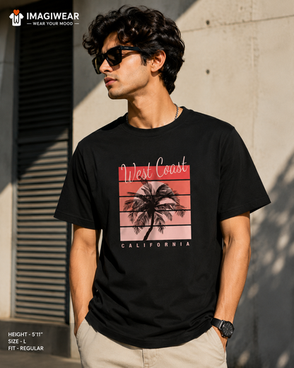 West Coast California Palm Tree T-Shirt – Vintage Sunset Graphic | Unisex Regular Fit 180 GSM