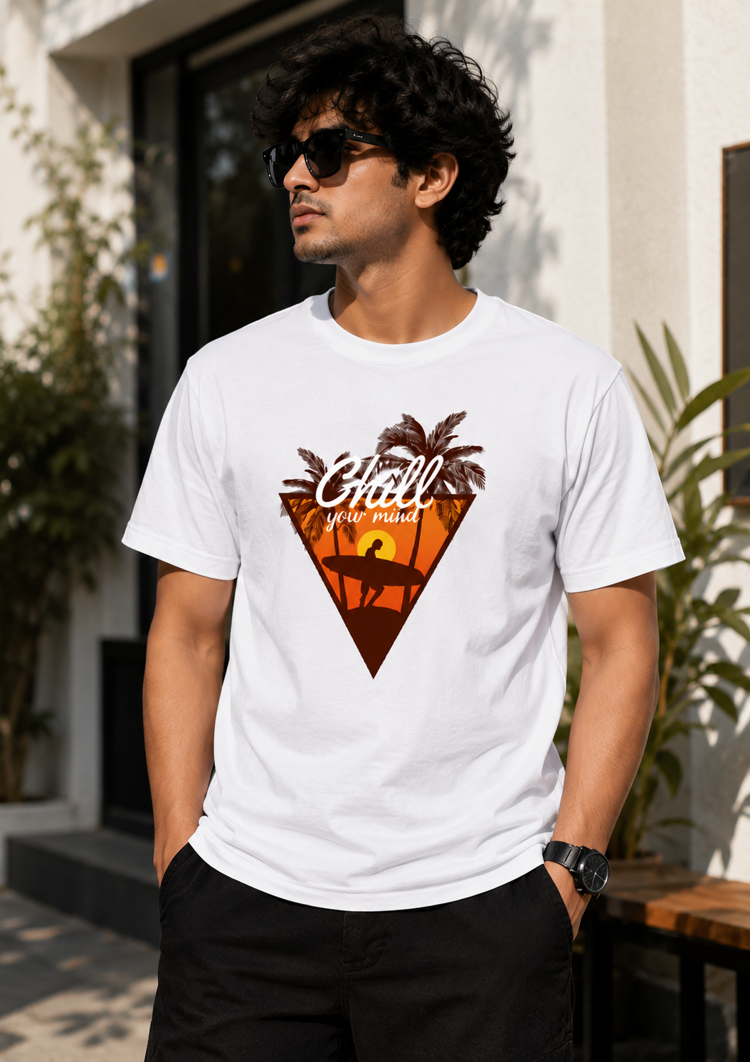 Chill Your Mind Surfing T-Shirt – Tropical Sunset Graphic | Unisex Regular Fit 180 GSM
