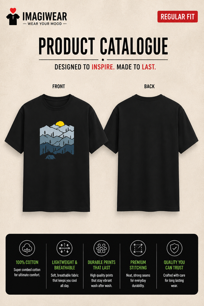 Mountain Adventure T-Shirt – Camping & Sunset Mountain Graphic | Unisex Regular Fit 180 GSM