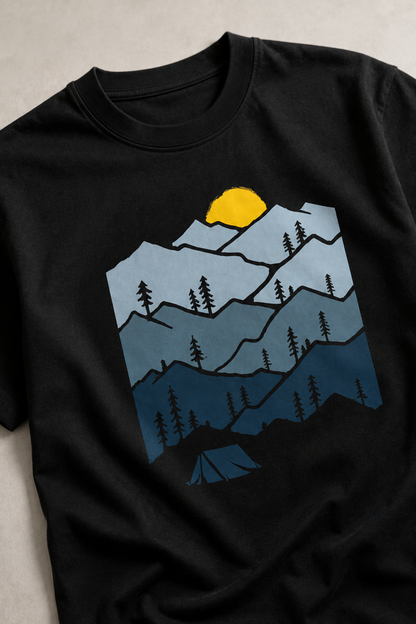 Mountain Adventure T-Shirt – Camping & Sunset Mountain Graphic | Unisex Regular Fit 180 GSM