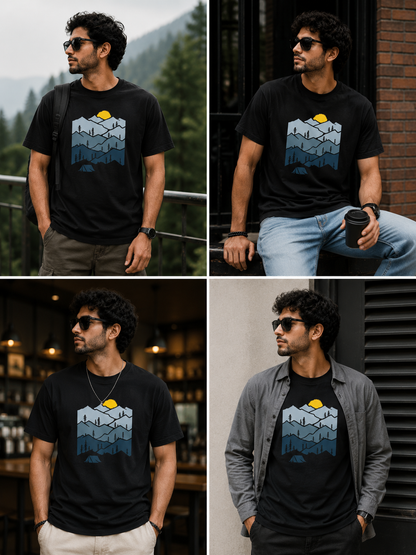 Mountain Adventure T-Shirt – Camping & Sunset Mountain Graphic | Unisex Regular Fit 180 GSM
