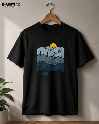 Mountain Adventure T-Shirt – Camping & Sunset Mountain Graphic | Unisex Regular Fit 180 GSM