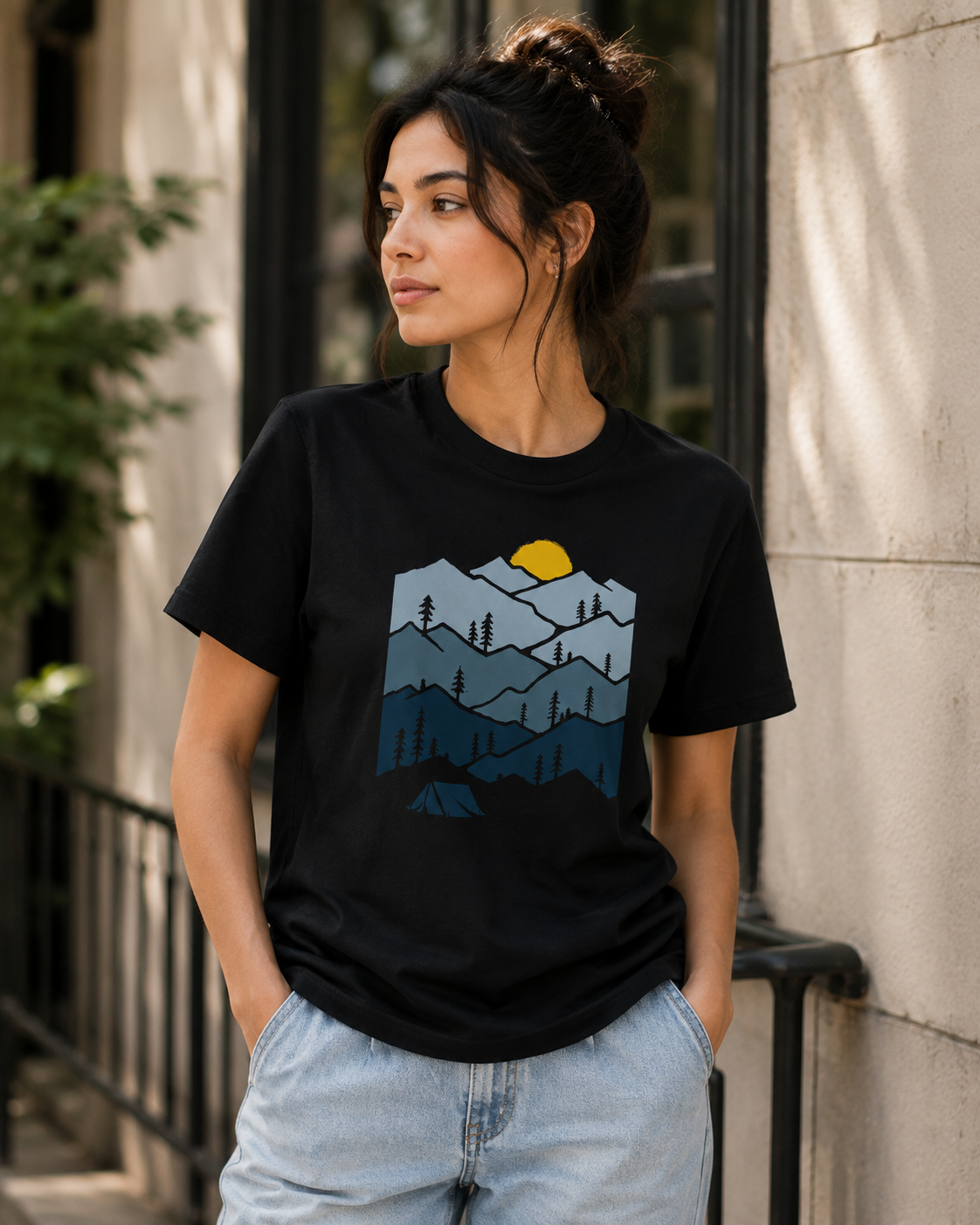 Mountain Adventure T-Shirt – Camping & Sunset Mountain Graphic | Unisex Regular Fit 180 GSM