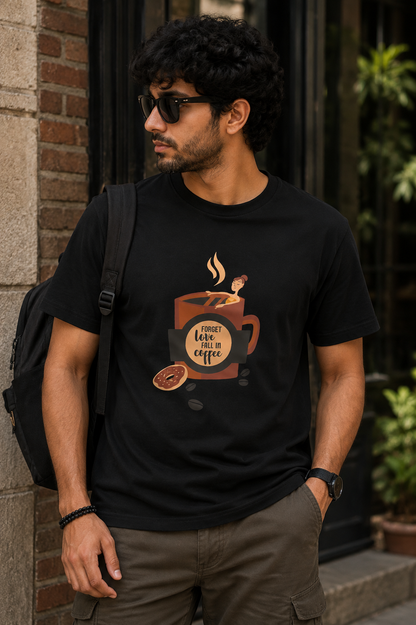 Forget Love, Fall in Coffee T-Shirt – Coffee Cup & Donut Graphic | Unisex Regular Fit