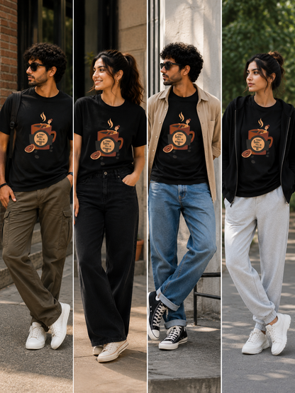 Forget Love, Fall in Coffee T-Shirt – Coffee Cup & Donut Graphic | Unisex Regular Fit