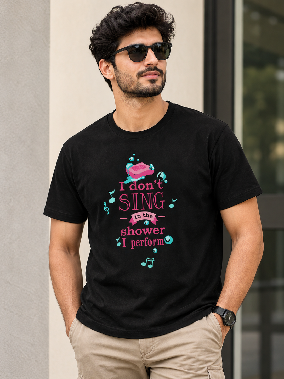 I Don’t Sing in the Shower, I Perform T-Shirt – Funny Music Graphic | Unisex Regular Fit