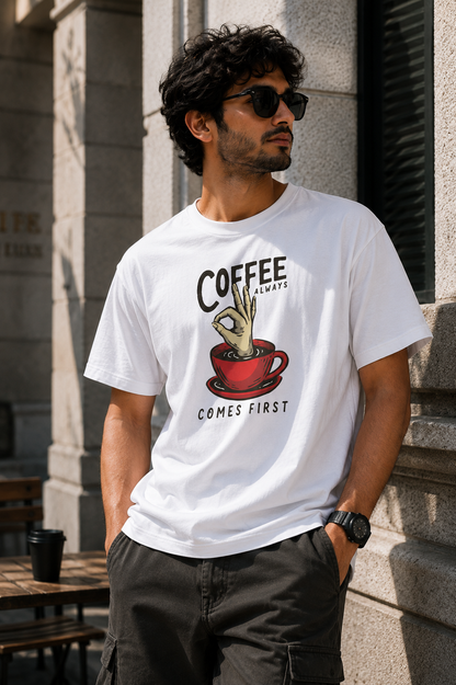 Coffee Always Comes First T-Shirt – Funny Coffee Graphic | Unisex Regular Fit