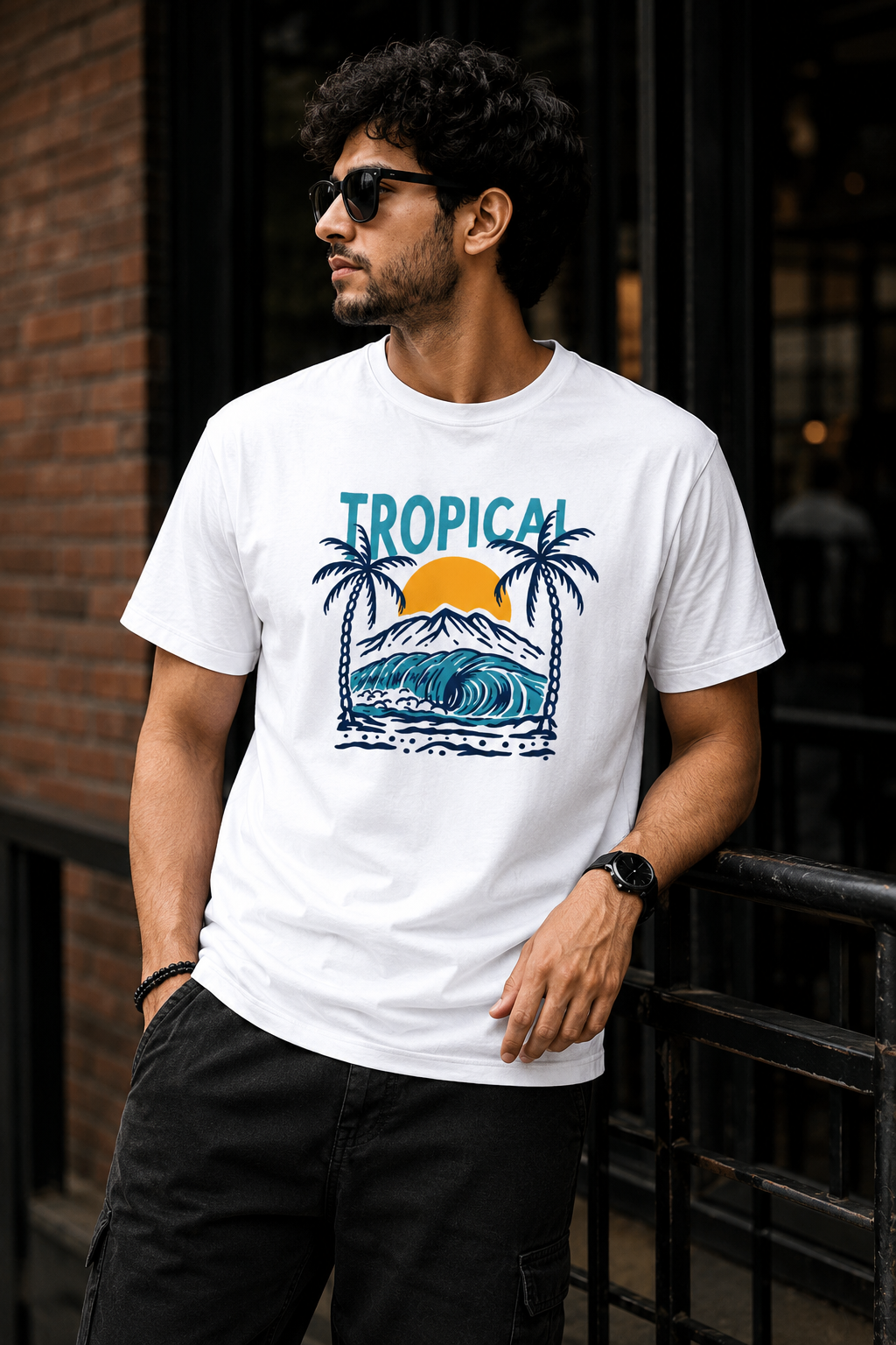 Tropical Mountain Surf T-Shirt – Palm Tree & Ocean Graphic | Unisex Regular Fit 180 GSM
