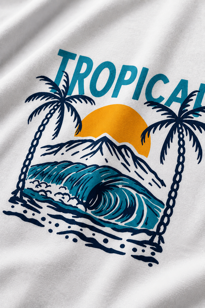 Tropical Mountain Surf T-Shirt – Palm Tree & Ocean Graphic | Unisex Regular Fit 180 GSM