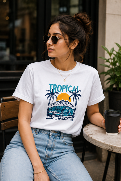 Tropical Mountain Surf T-Shirt – Palm Tree & Ocean Graphic | Unisex Regular Fit 180 GSM