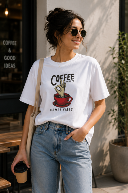 Coffee Always Comes First T-Shirt – Funny Coffee Graphic | Unisex Regular Fit