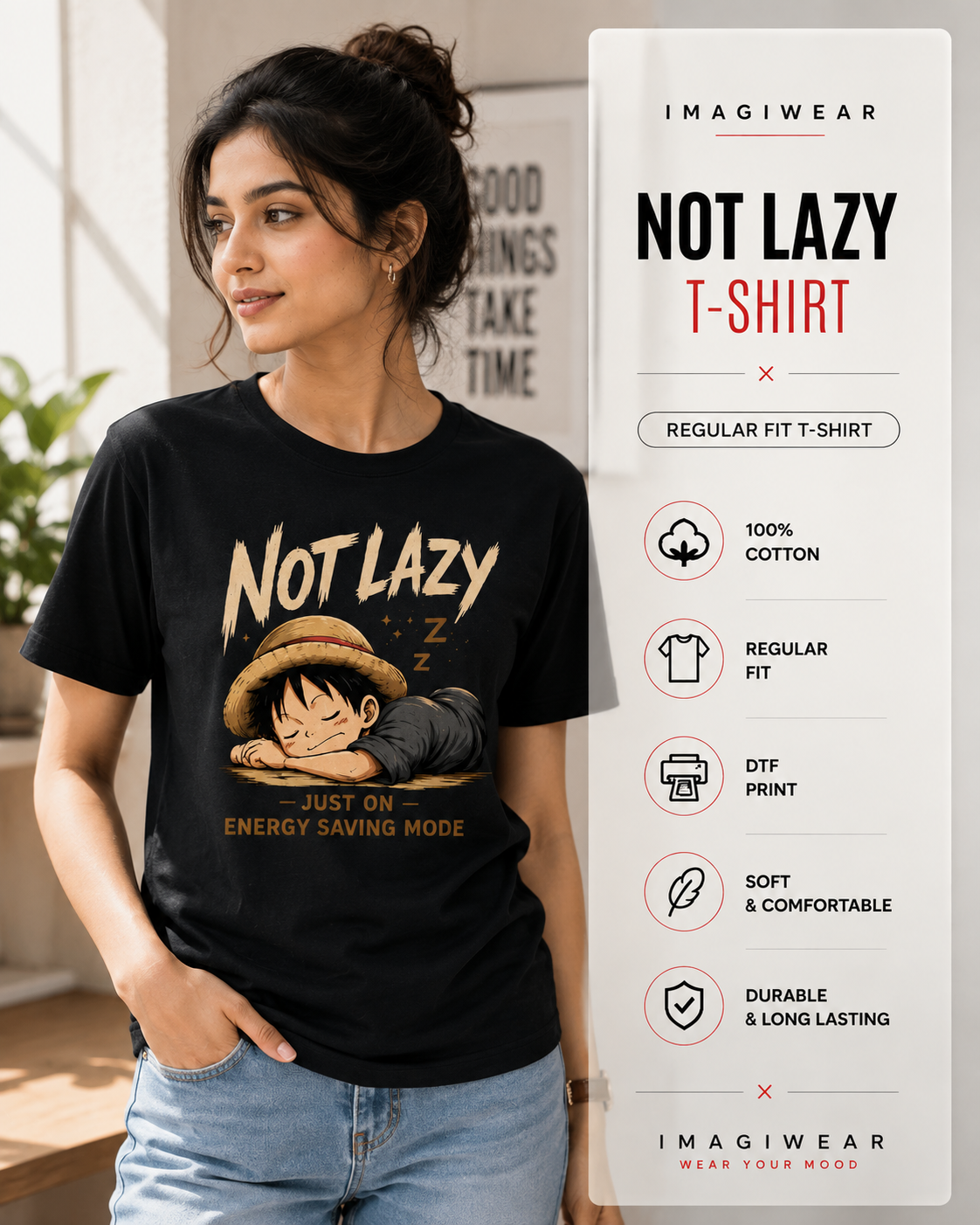 Not Lazy Just Energy Saving Mode Regular Fit Graphic T-Shirt