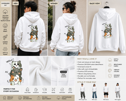 Kawaii Cat Stack Oversized Hoodie | Cute Graphic Streetwear Hoodie