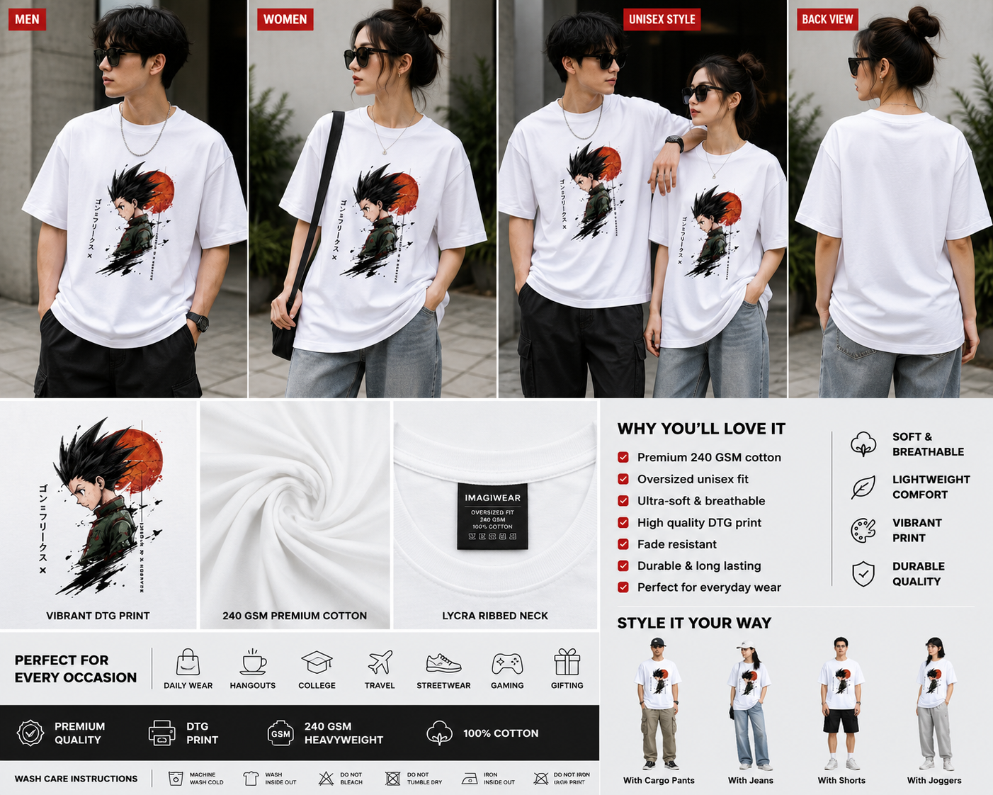 Crimson Resolve Oversized T-Shirt | Anime Streetwear Graphic Tee