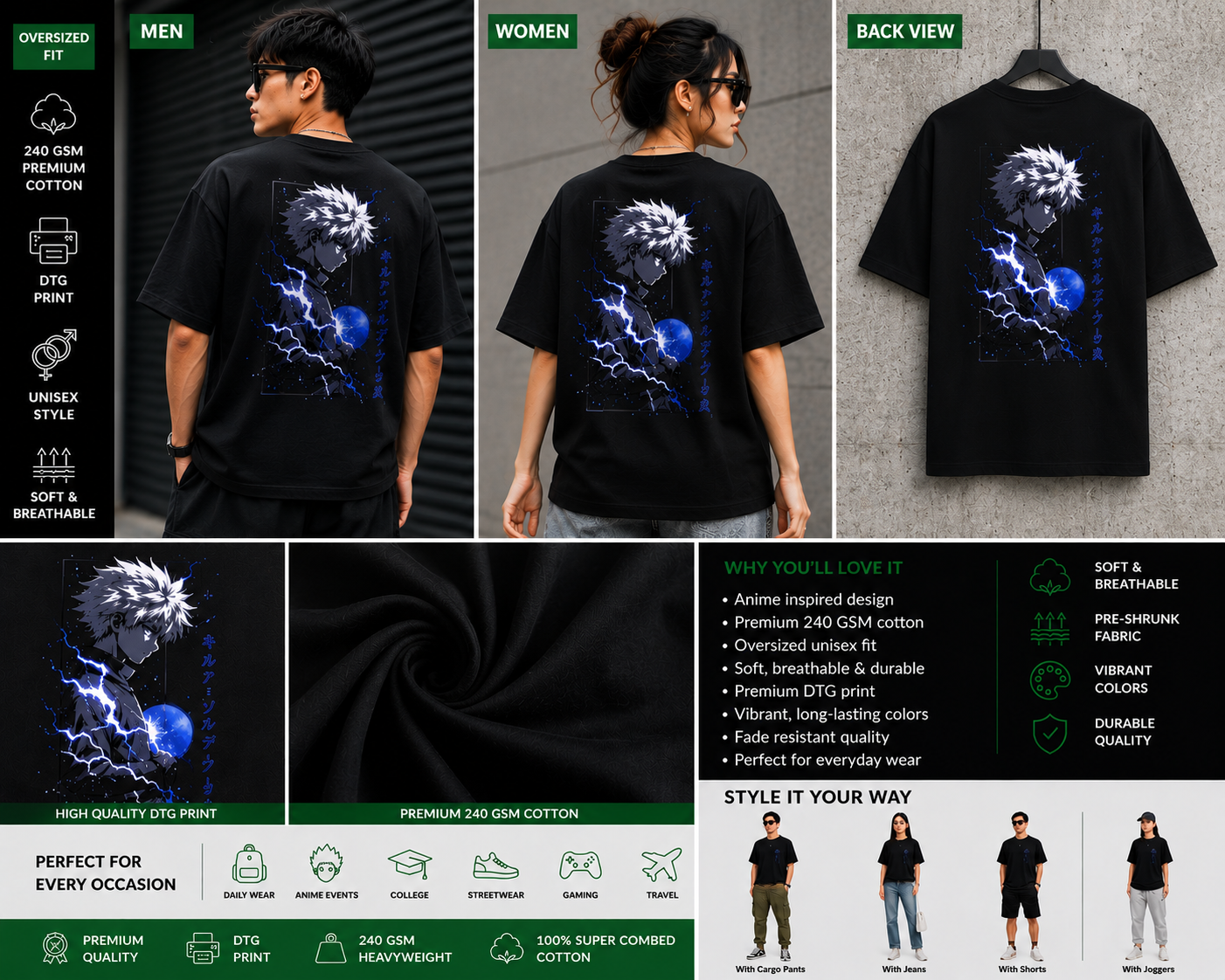 Electric Shadow Oversized T-Shirt | Anime Lightning Streetwear Graphic Tee