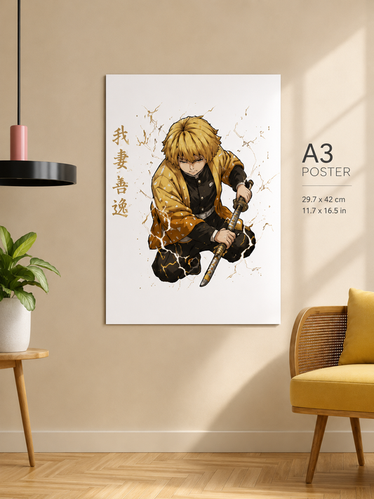 Zenitsu Agatsuma Thunder Breathing A3 Anime Poster | Premium 300 GSM Wall Art for Bedroom, Gaming Room & Office