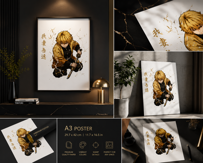 Zenitsu Agatsuma Thunder Breathing A3 Anime Poster | Premium 300 GSM Wall Art for Bedroom, Gaming Room & Office