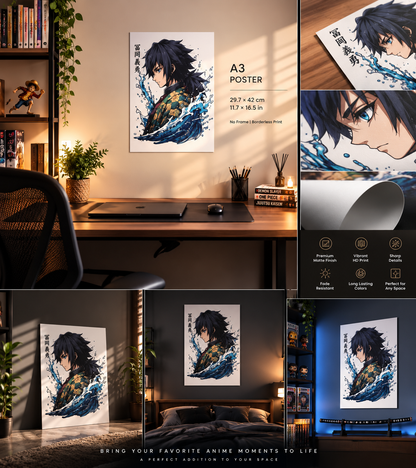 Giyu Tomioka Water Style A3 Anime Poster | Premium 300 GSM Wall Art for Bedroom, Gaming Room & Office
