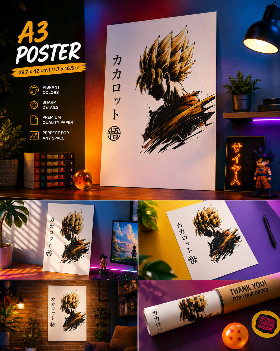 Super Saiyan Goku Profile A3 Anime Poster | Premium 300 GSM Wall Art for Bedroom, Gaming Room & Office