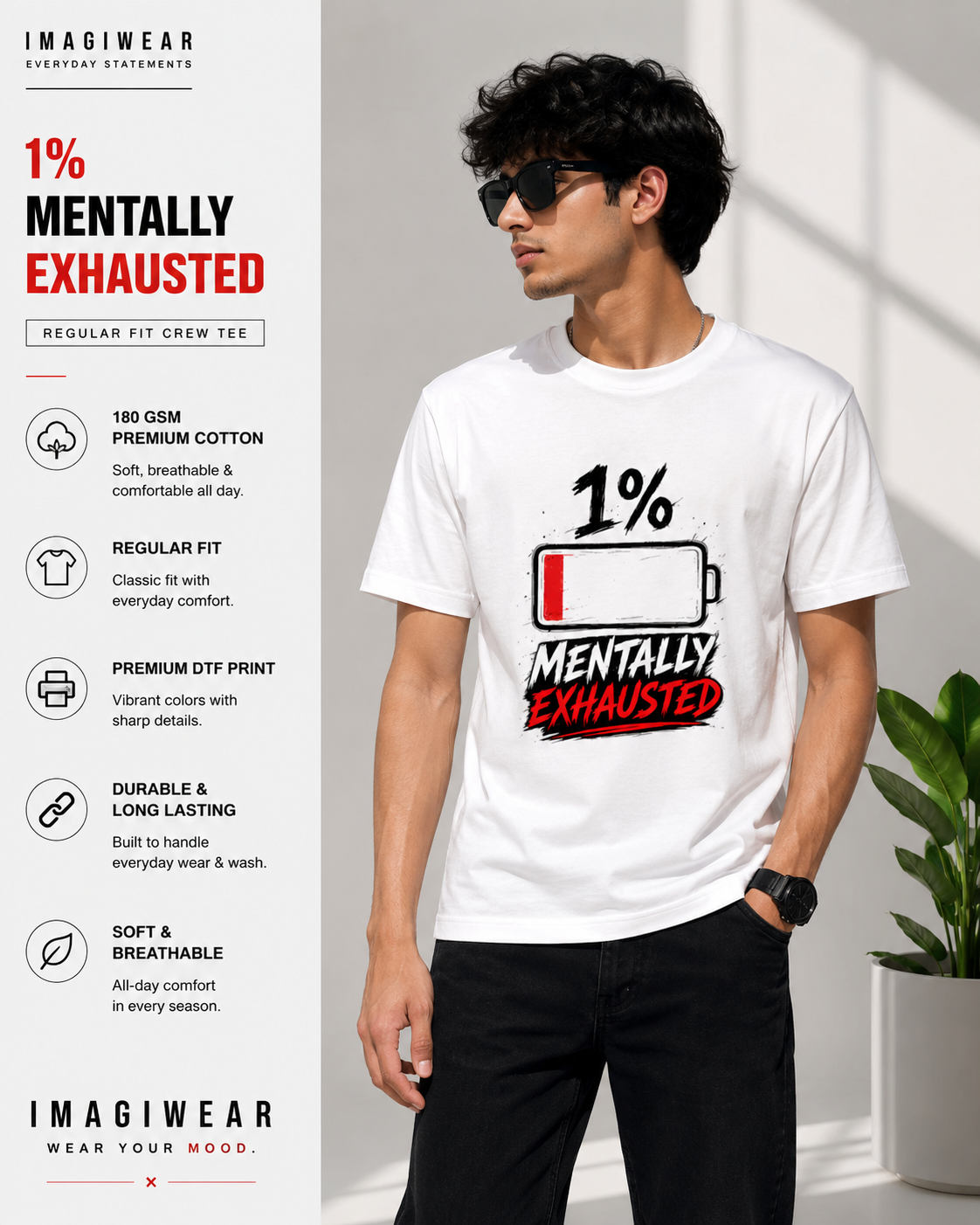 1% Mentally Exhausted Regular Fit Graphic T-Shirt