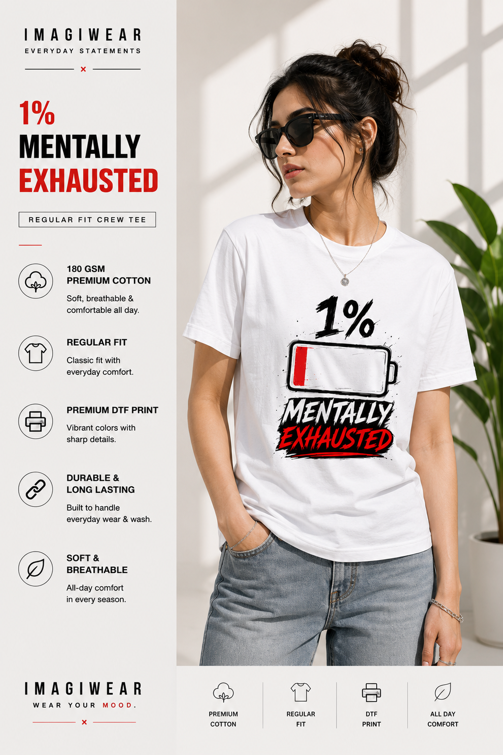 1% Mentally Exhausted Regular Fit Graphic T-Shirt