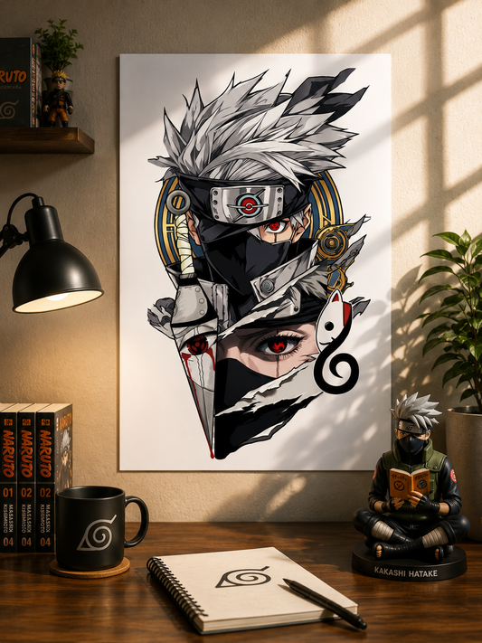 Premium A3 anime poster featuring Kakashi Hatake with Sharingan and ANBU-inspired artwork in a modern illustrated style, printed on premium 300 GSM art board.