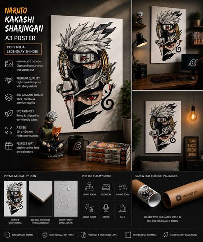 Kakashi Hatake Sharingan A3 Anime Poster | Minimalist Naruto Wall Art | Premium 300 GSM Print