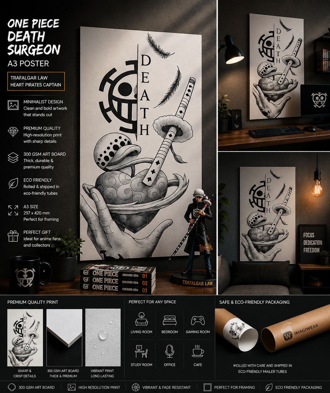 One Piece Death Surgeon A3 Poster | Trafalgar Law Minimalist Anime Wall Art | Premium 300 GSM Print