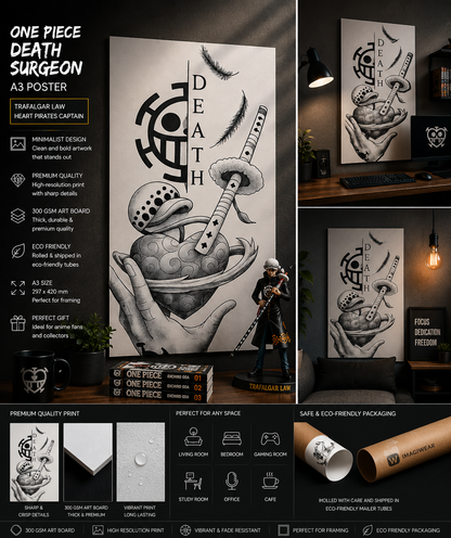 One Piece Death Surgeon A3 Poster | Trafalgar Law Minimalist Anime Wall Art | Premium 300 GSM Print