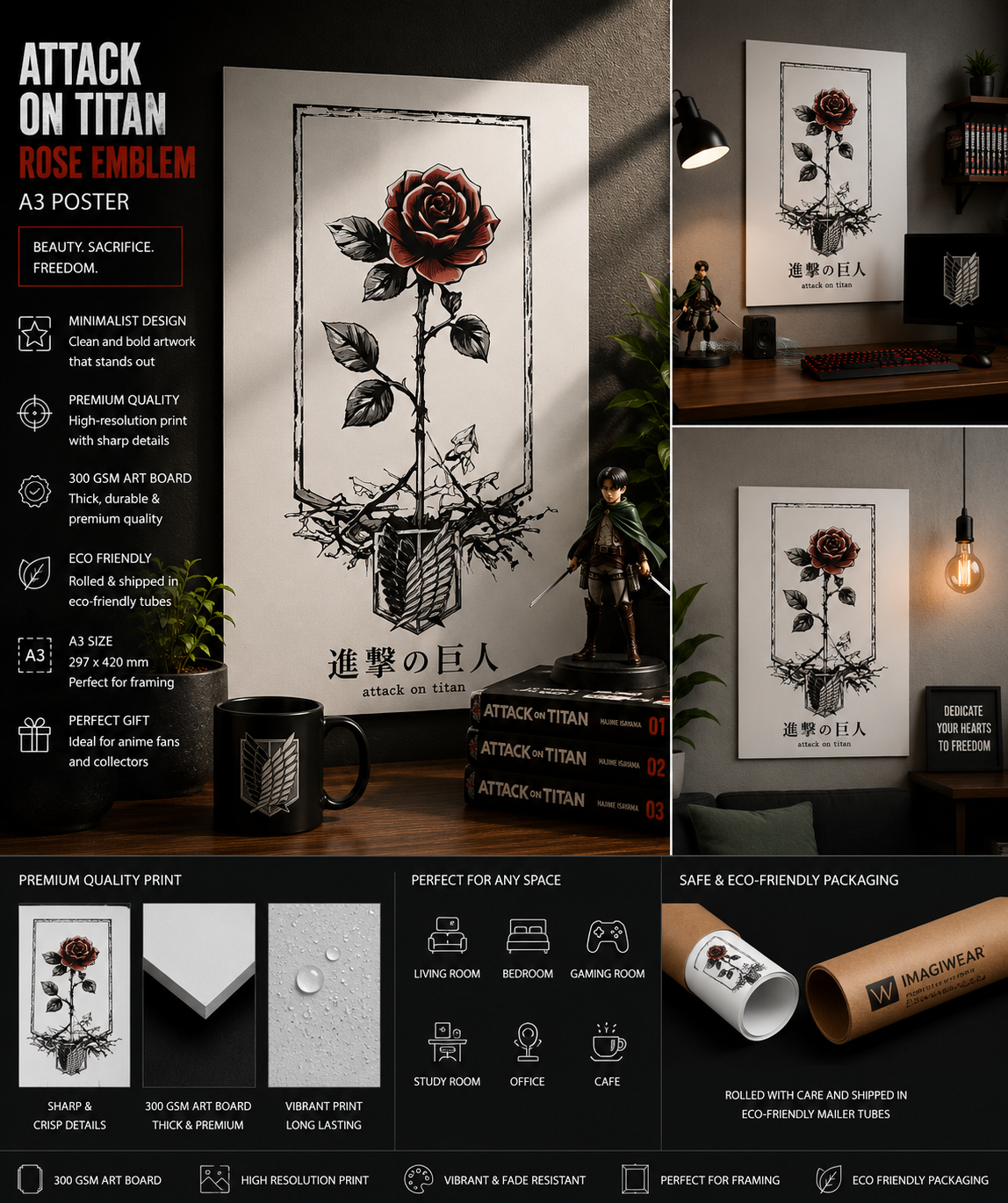 Attack on Titan Rose Emblem A3 Poster | Wings of Freedom Anime Wall Art | Premium 300 GSM Print