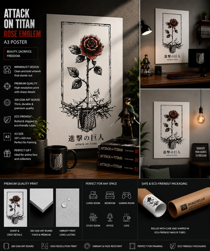 Attack on Titan Rose Emblem A3 Poster | Wings of Freedom Anime Wall Art | Premium 300 GSM Print
