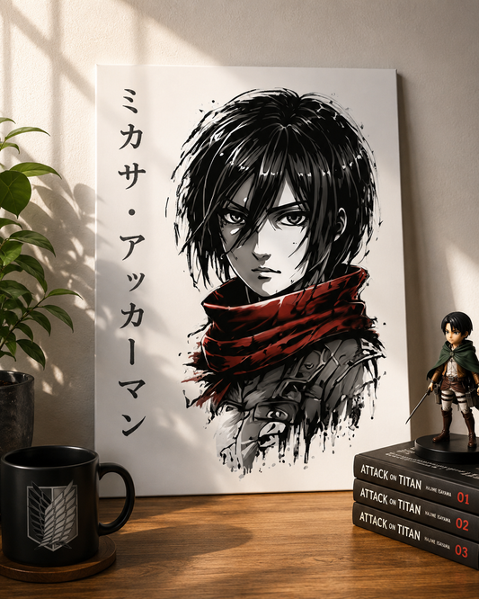 Premium A3 Attack on Titan anime poster featuring a minimalist portrait of Mikasa Ackerman in monochrome with her iconic crimson red scarf, printed on premium 300 GSM art board.