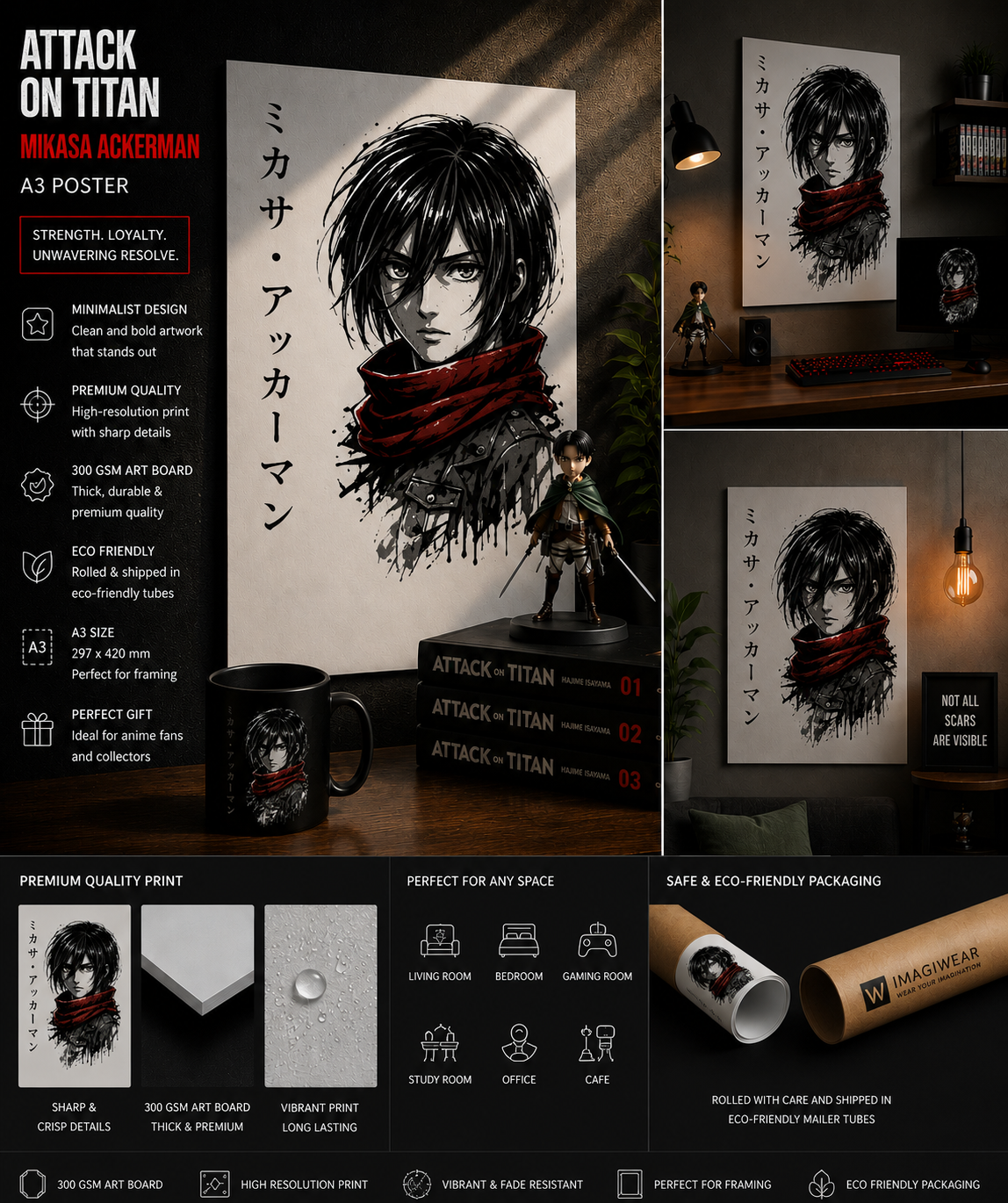 Attack on Titan Mikasa Ackerman A3 Poster | Minimalist Anime Wall Art | Premium 300 GSM Print