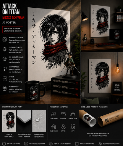 Attack on Titan Mikasa Ackerman A3 Poster | Minimalist Anime Wall Art | Premium 300 GSM Print