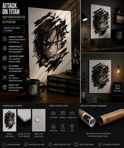 Attack on Titan: Eren Yeager Intense Gaze A3 Anime Poster | Premium 300 GSM Art Board