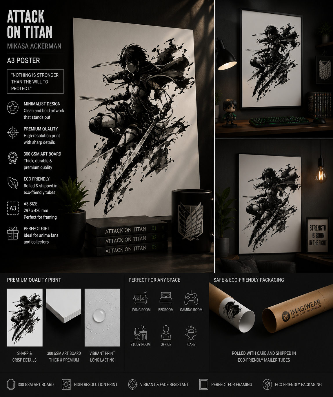 Attack on Titan Mikasa Ackerman Dynamic Slash A3 Anime Poster | Premium Wall Art
