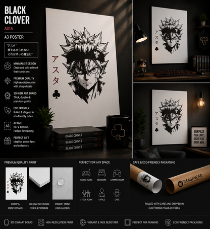 Black Clover Asta Minimalist A3 Anime Poster | Monochrome Manga Wall Art | ImagiWear