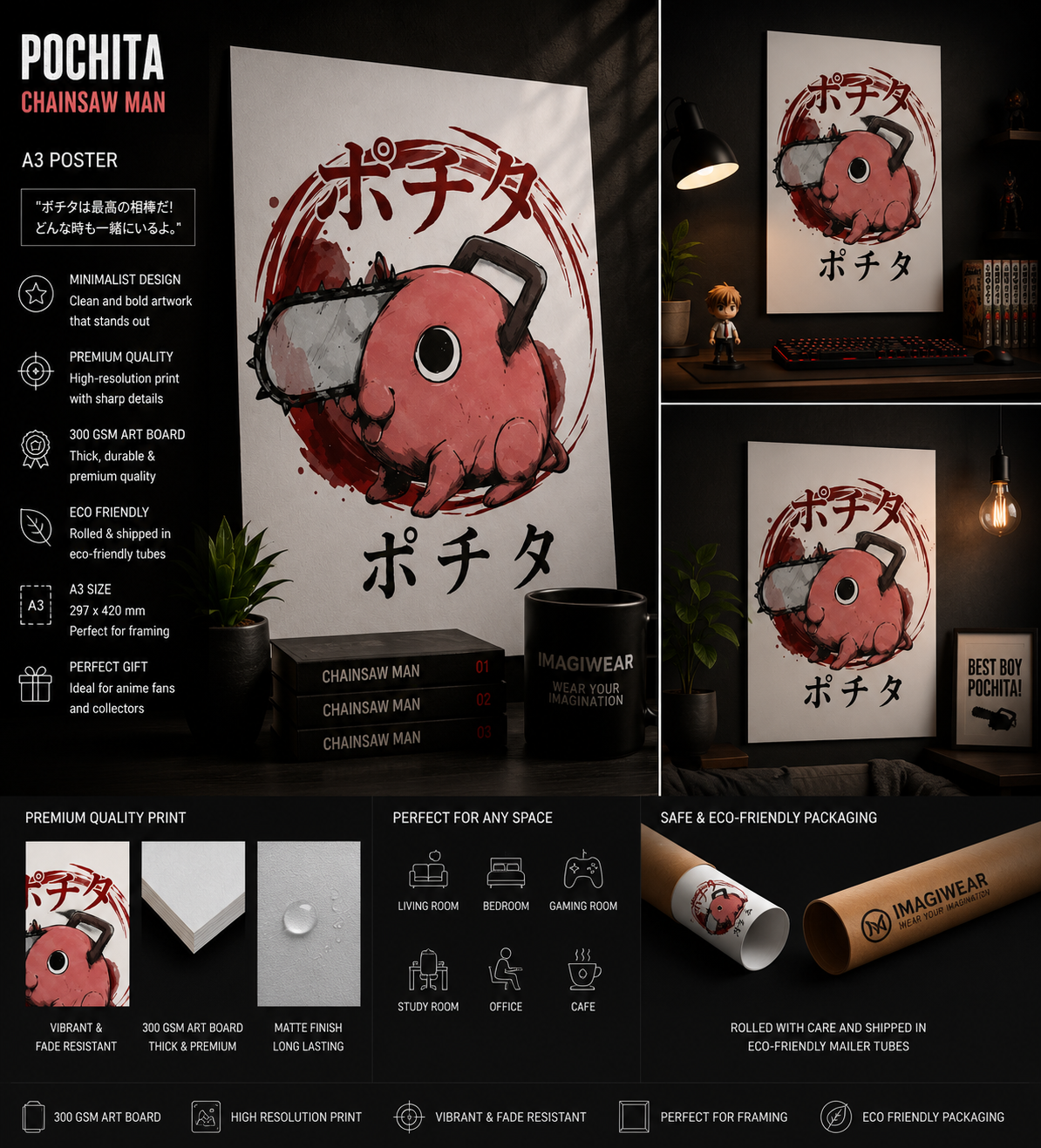 Pochita Anime A3 Poster | Chainsaw Man Inspired Wall Art | 300 GSM Premium Art Board