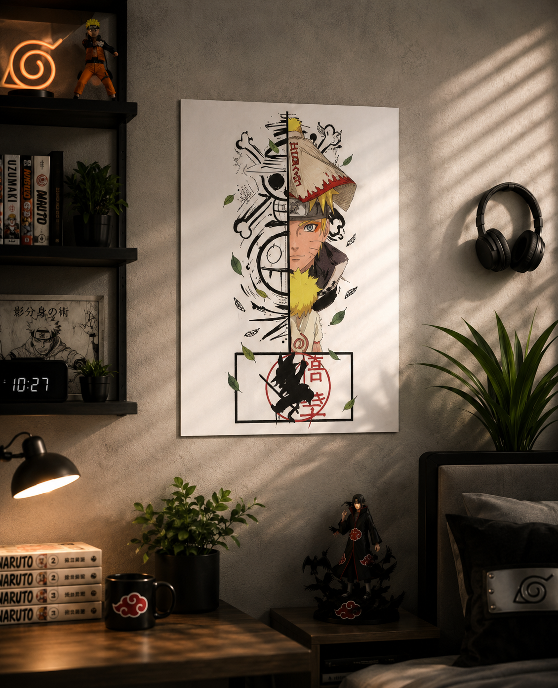 Naruto Hokage Legacy A3 anime poster featuring a minimalist split-face illustration of Naruto Uzumaki with Hidden Leaf Village-inspired artwork, printed on premium 300 GSM art board.